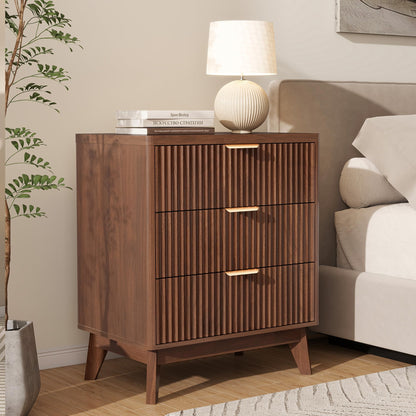 LYNCOHOME Fluted Nightstand with Charging Station, 19.7 inch Wide End Table with 2 Drawers, Modern Wood Bedside Table for Bedroom,Brown,1 Pcs