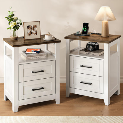 Decofy Farmhouse 2-Drawer Nightstand Set of 2 with Charging Station, White