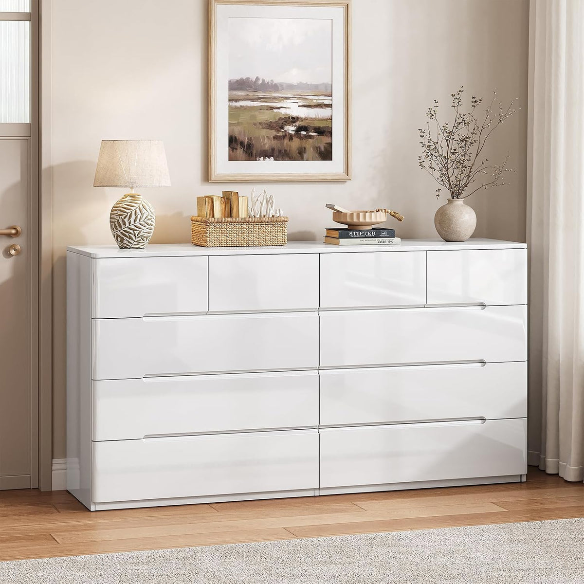 10 Drawer Dresser for Bedroom, 55" Long High Gloss Dresser, White