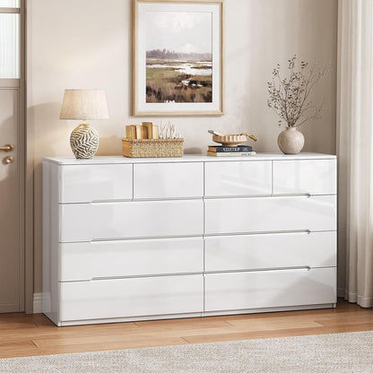 10 Drawer Dresser for Bedroom, 55" Long High Gloss Dresser, White