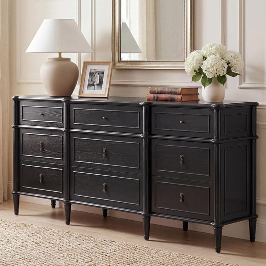STO'SENSE 63" 9-Drawer Dresser with Power Outlet, Architectural Wood Storage Chest with Framed Drawers, Vintage Metal Pulls and Solid Wood Tapered Legs, Long Bedroom Dresser TV Stand,Black