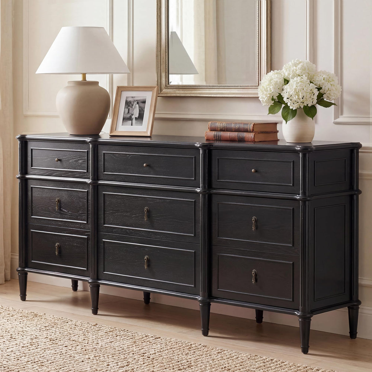 STO'SENSE 63" 9-Drawer Dresser with Power Outlet, Architectural Wood Storage Chest with Framed Drawers, Vintage Metal Pulls and Solid Wood Tapered Legs, Long Bedroom Dresser TV Stand,Black