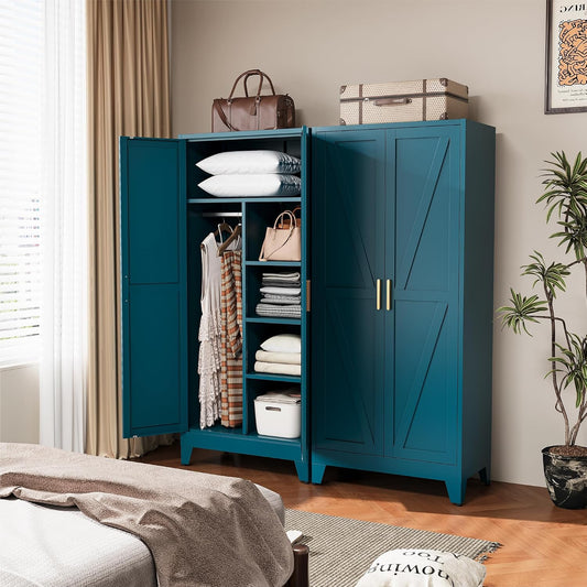 COFaR Peacock Blue Armoire Wardrobe, 71" Metal Closet with Reversible Hanging & Shelving Sections, Freestanding Storage Cabinet with Top Compartment & Adjustable Shelves