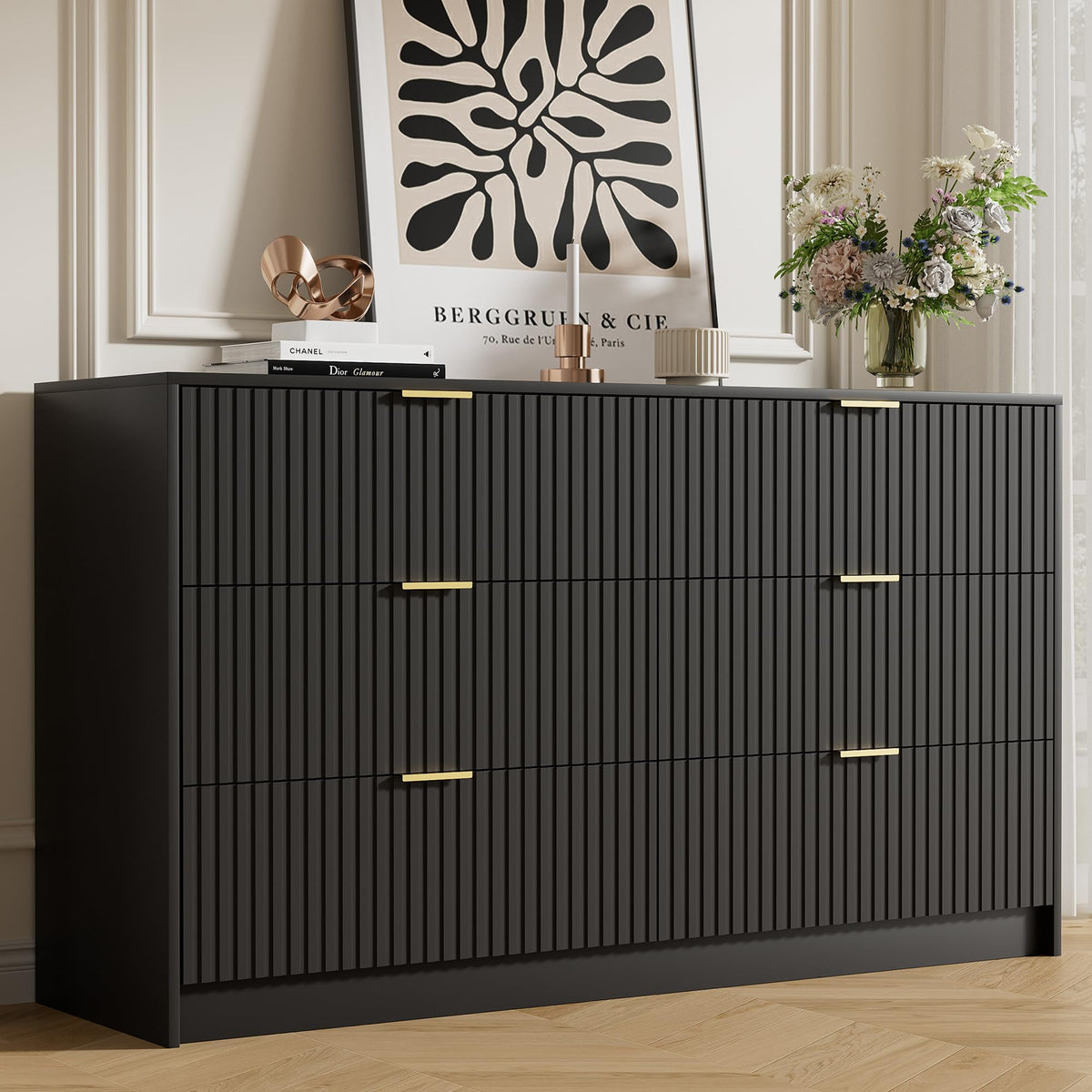 Furniway 55" Wide Green Dresser for Bedroom, Fluted 8 Drawer Dresser