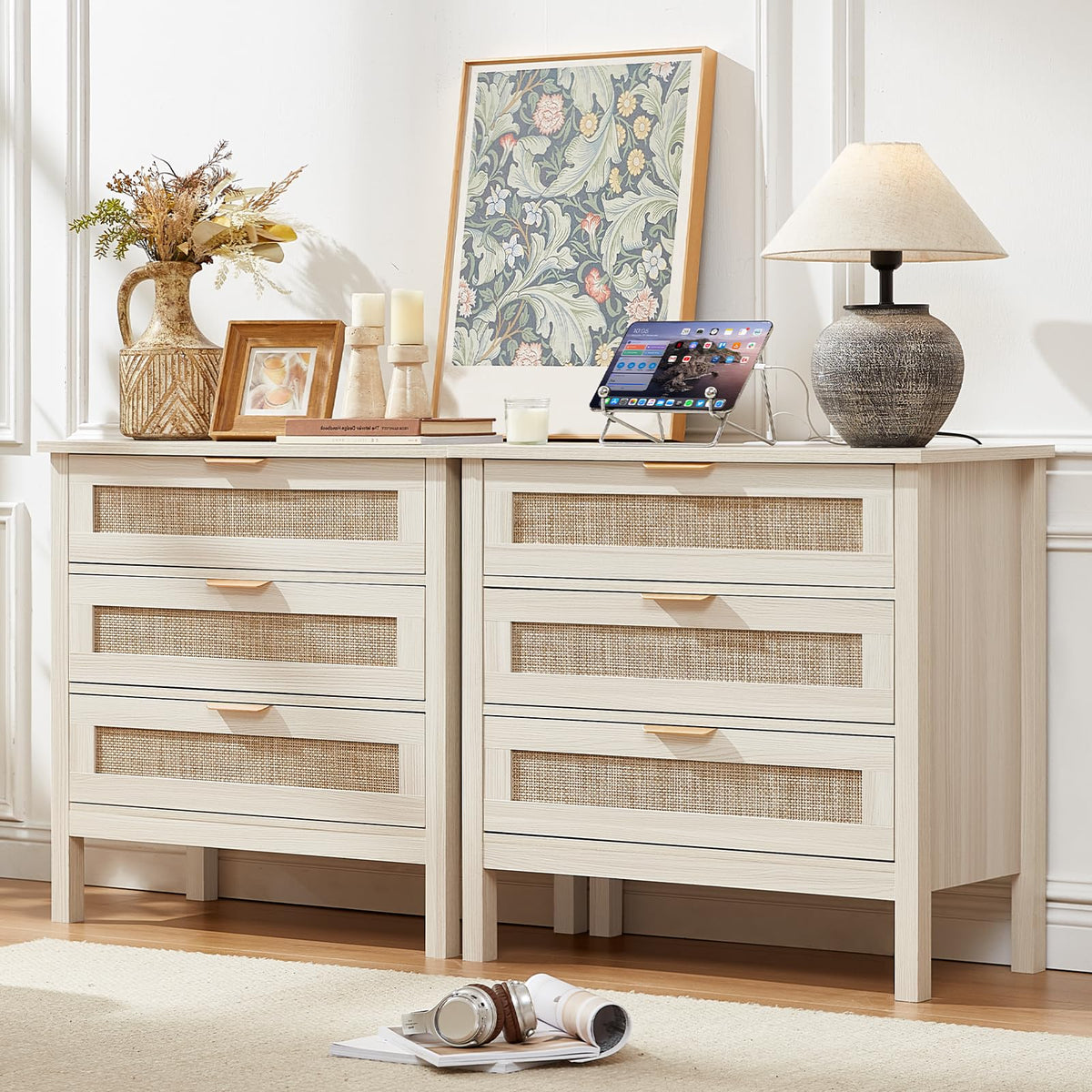 LEYAOYAO 26.8" Wide Rattan Nightstand, Large Boho 3 Drawer Night Stand