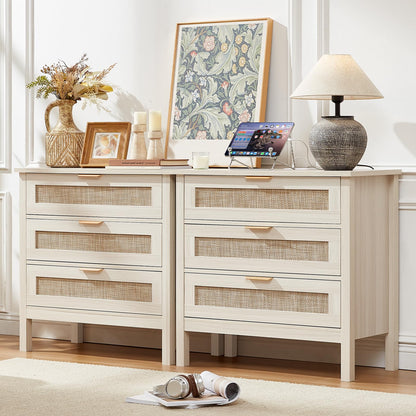 LEYAOYAO 26.8" Wide Rattan Nightstand, Large Boho 3 Drawer Night Stand