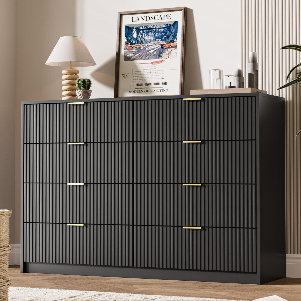 MAISONARIA 55" Wide Fluted 6-Drawer Double Dresser for Bedroom, Black