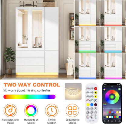75"H Tall Modern 3 Doors Wooden Armoire Wardrobe Closet with 3 Drawers & 2 Mirror,Clothing Storage Cabinet with Hanging Rod,Bedroom Large Freestanding Armoires with Led Lights for Bedroom,White