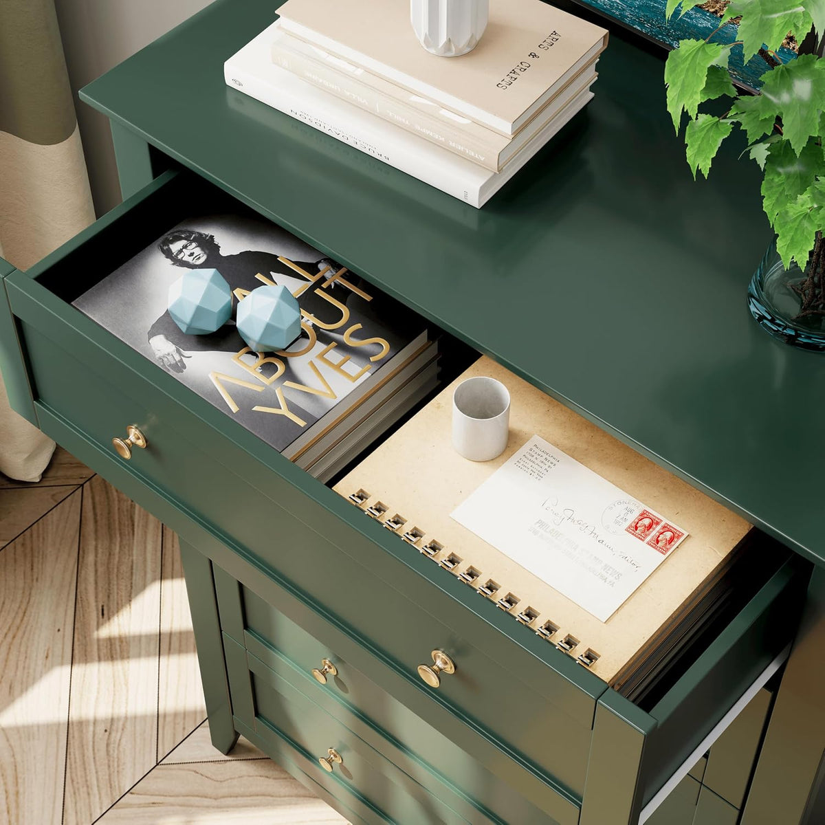Garvee 5 Drawer Dresser for Bedroom, Modern Tall Chest of Drawers with Metal Knobs, Wooden Clothes Storage Organizer for Closet, Nursery, Living Room, Apartment, Green