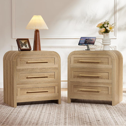 Oak Night Stand Set 2 with Charger, Curved 3 Drawers Nightstand