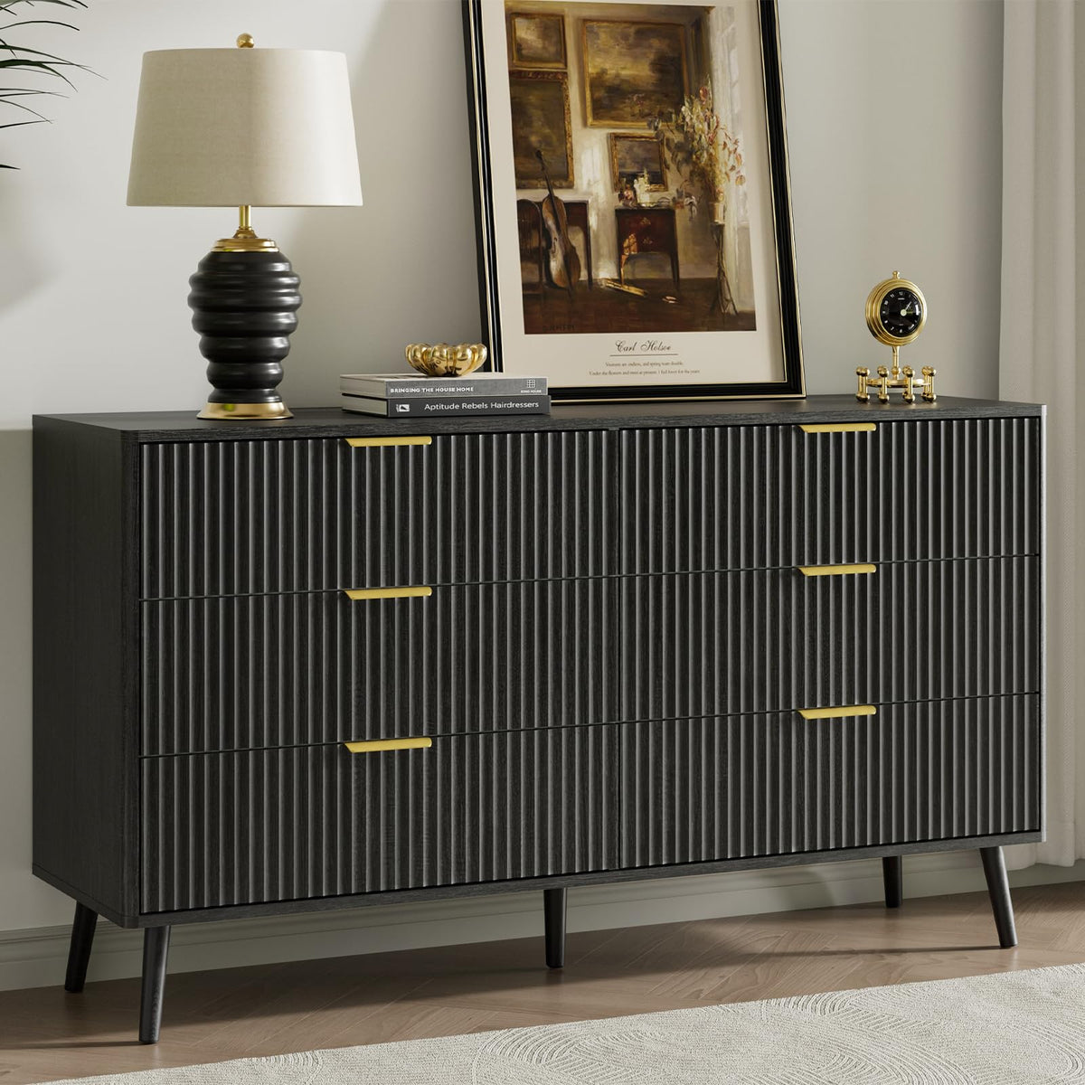 LYNSOM 55" Wide Fluted Dresser for Bedroom with 6 Drawer, Modern Chest of Drawers with Curved Profile Design and Metal Handles, Wood Dresser TV Stand & Storage Organizer for Living Room, Walnut