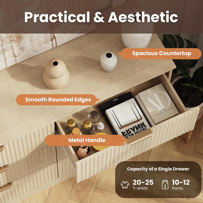 MALOL Modern Fluted 6 Drawer Dresser, Wide Wooden Storage Cabinet with Metal Handles, Silent Glide Drawers, Anti-Tip Chest for Bedroom, Living Room, Natural Wood, 47 Inch