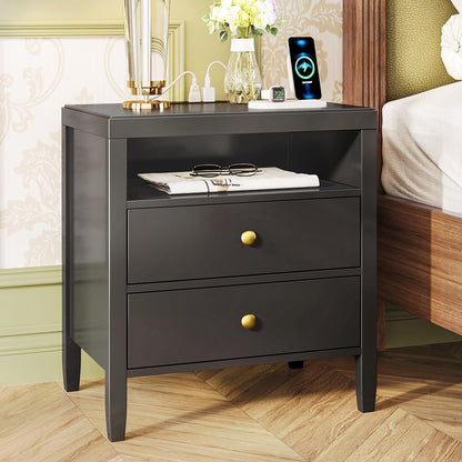 Huuger Black Nightstand Set of 2, Night Stand with Charger Station