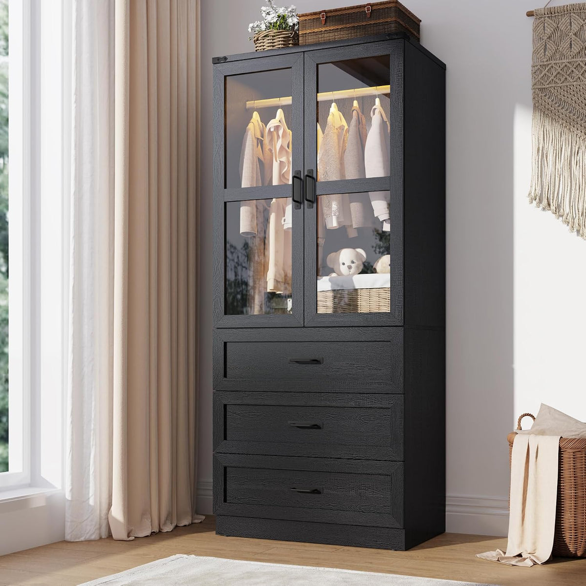 75" Tall Farmhouse 2 Doors Armoire Wardrobe Closet with 3 Drawers and LED,Freestanding Closet Wardrobe Cabinet for Bedroom with Hanging Rod,Wooden Armoire Storage Cabinet with Adjustable shelve(Black)
