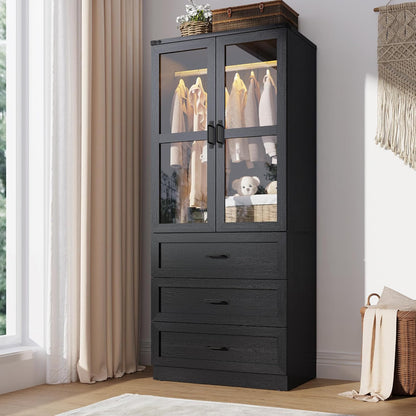 75" Tall Farmhouse 2 Doors Armoire Wardrobe Closet with 3 Drawers and LED,Freestanding Closet Wardrobe Cabinet for Bedroom with Hanging Rod,Wooden Armoire Storage Cabinet with Adjustable shelve(Black)