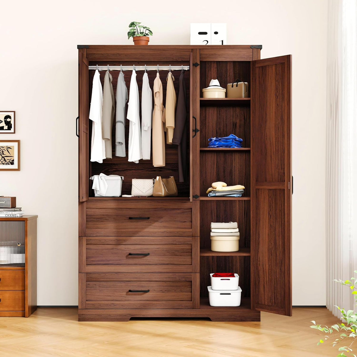 3 Door Armoire Wardrobe Closet Cabinet with 3 Drawers and Drawers, Farmhouse Bedroom Armoire with Hanging Rod and Adjustable Shelves, Large Capacity Storage Wardrobe Armoire for Bedroom, Brown