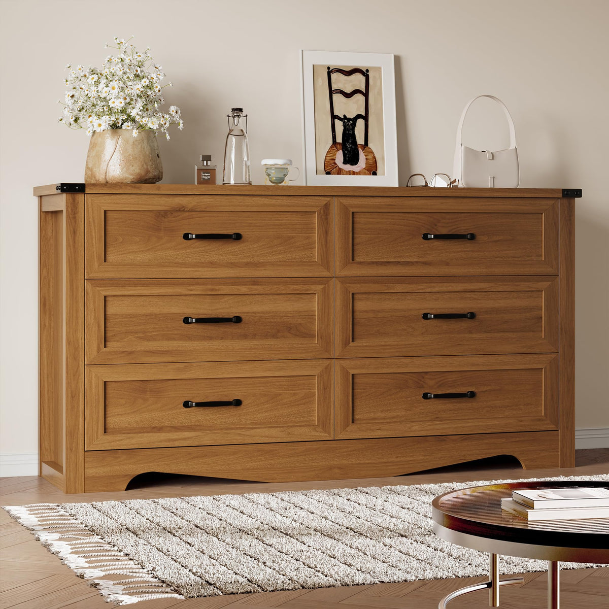 BORNOON 6-Drawer Dresser for Bedroom, Modern Wooden Chest of Drawers with Metal Handles, Anti-Tipping Design, Sturdy and Stable Storage Organizer for Living Room, Entryway, Home Office