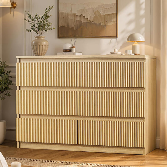 Jocoevol 6 Drawer Fluted Dresser, Modern Chest of Drawers for Bedroom with Hidden Handles, Wood Storage Organizer Cabinet for Living Room & Entryway, Natural Oak (15.7" D x 47.3" W x 31.6" H)