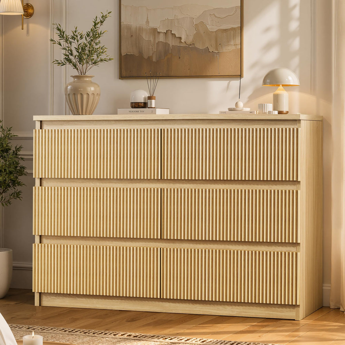 Jocoevol 6 Drawer Fluted Dresser, Modern Chest of Drawers for Bedroom with Hidden Handles, Wood Storage Organizer Cabinet for Living Room & Entryway, White (15.7" D x 47.3" W x 31.6" H)