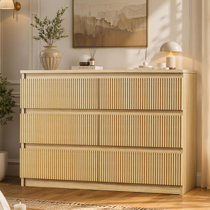 Jocoevol 6 Drawer Fluted Dresser, Modern Chest of Drawers for Bedroom with Hidden Handles, Wood Storage Organizer Cabinet for Living Room & Entryway, Natural Oak (15.7" D x 47.3" W x 31.6" H)