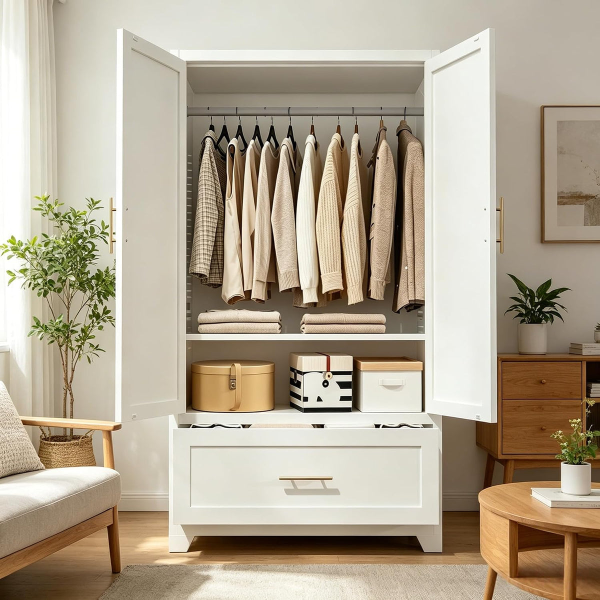 60" Tall Steel Wardrobe Closet with Hanging Rod, 2 Doors,White
