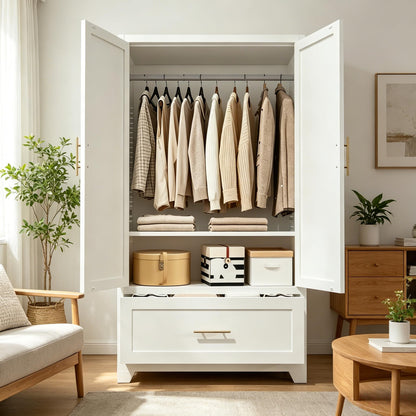60" Tall Steel Wardrobe Closet with Hanging Rod, 2 Doors,White