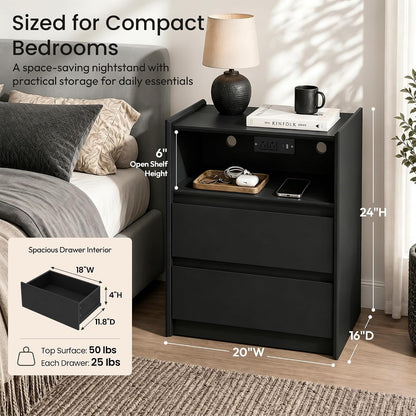 Black Nightstand with Charging Station, 24"H, 2 Drawers & Shelf