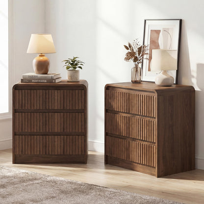 Seang Nightstand Set of 2,Fluted Nightstand with Charging Station,Wooden Bedside Table with Curved Profile Design,3 Drawers Storage,Large End Table for Bedroom,Walnut.