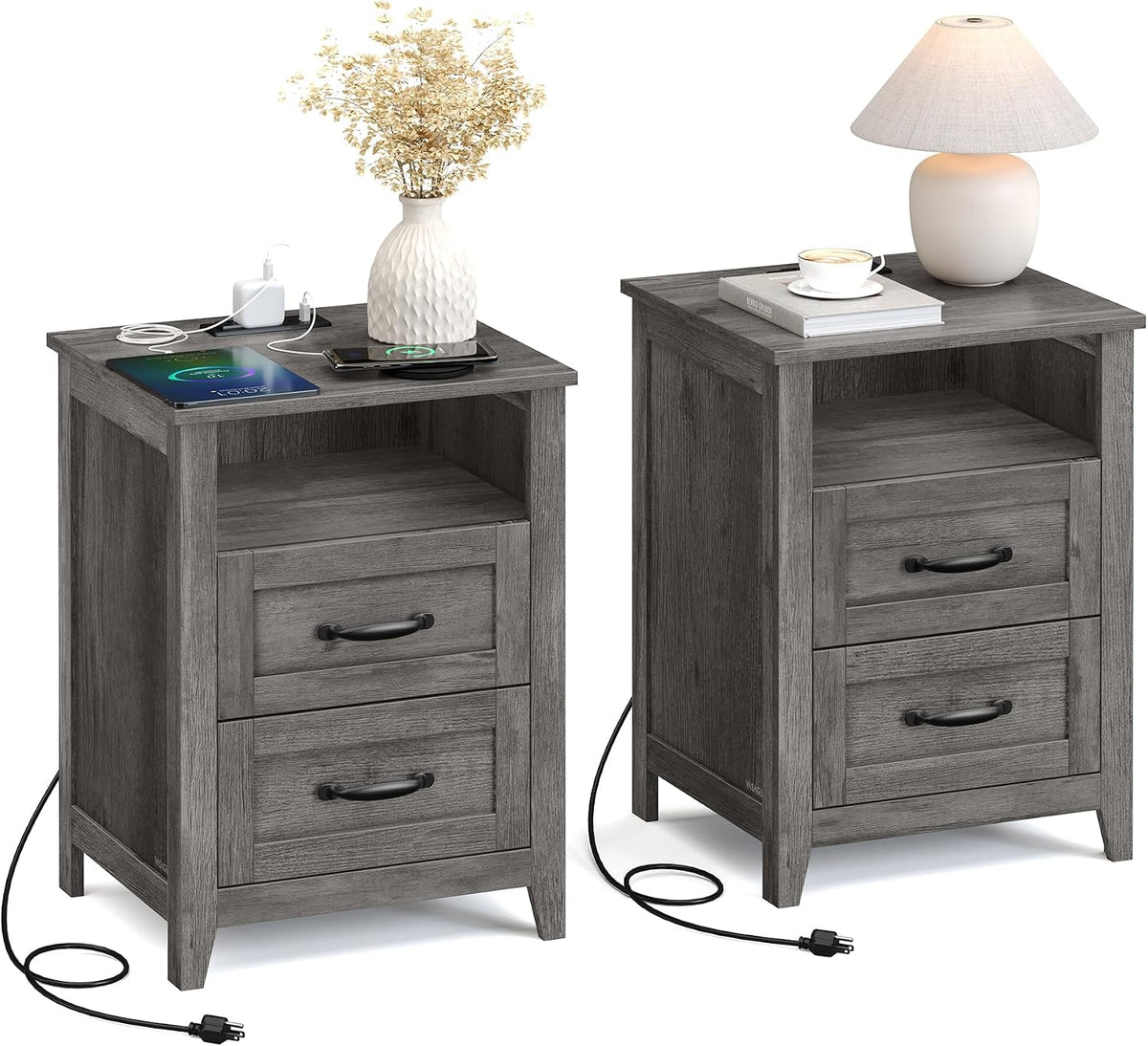 VASAGLE Set of 2 Nightstands with 2 Drawers and Charging Station