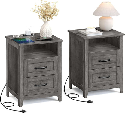VASAGLE Set of 2 Nightstands with 2 Drawers and Charging Station