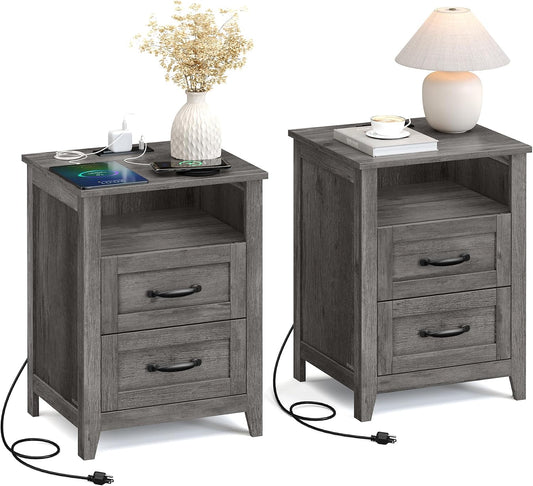 VASAGLE Set of 2 Nightstands with 2 Drawers and Charging Station