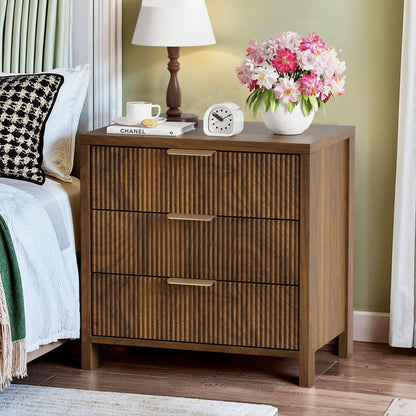 Fluted Nightstands Set of 2, 23.7'' Wide Night Stand with 3 Drawers, Mid-Century Modern Bedside Table with Handles, Wood End Table for Bedroom, Walnut