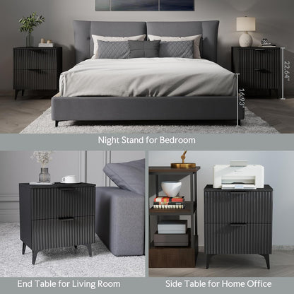 Wood Nightstand Set of 2, Fluted Bedside Tables with 2 Drawers