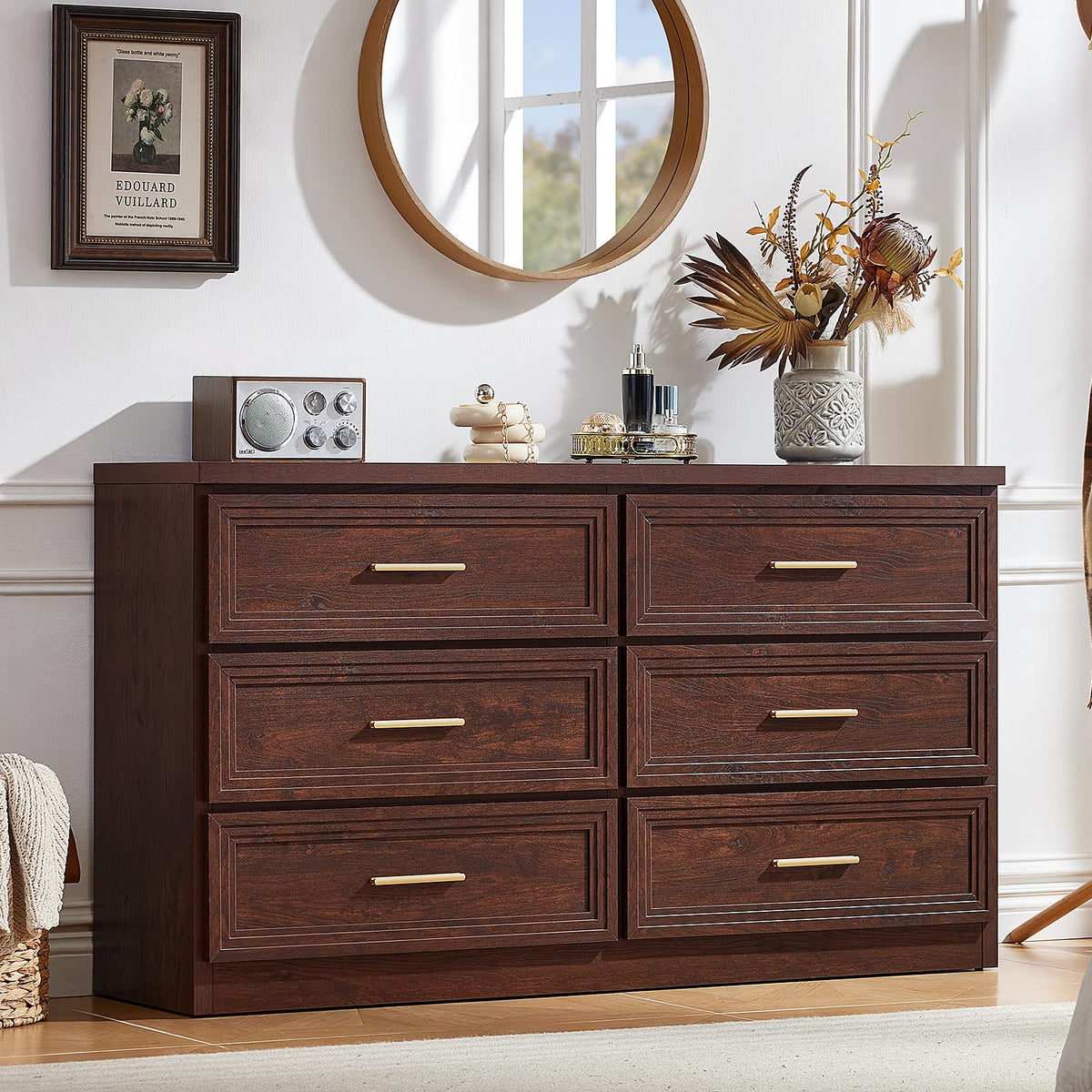 RWYHG 55.1" Wide Farmhouse 6 Drawers Dresser for Bedroom, Light Walnut