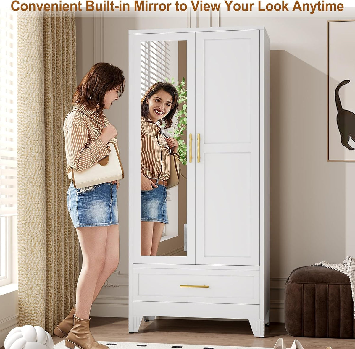 Metal Armoire Wardrobe Closet Storage Cabinet with Mirror White, 71'' Wardrobe Cabinet with Hanging Rod Metal Closet with Adjustable Shelf and Drawer for Bedroom, Laundry Room, Cloak Room