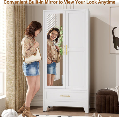 Metal Armoire Wardrobe Closet Storage Cabinet with Mirror White, 71'' Wardrobe Cabinet with Hanging Rod Metal Closet with Adjustable Shelf and Drawer for Bedroom, Laundry Room, Cloak Room