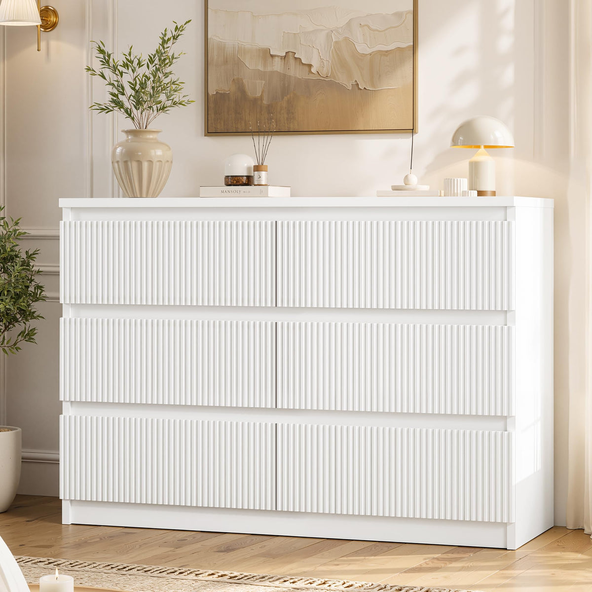 Jocoevol 6 Drawer Fluted Dresser, Modern Chest of Drawers for Bedroom with Hidden Handles, Wood Storage Organizer Cabinet for Living Room & Entryway, Natural Oak (15.7" D x 47.3" W x 31.6" H)
