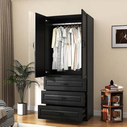 Black Wardrobe Closet with 9 Drawers and 6 Doors, 75" H x 95" W