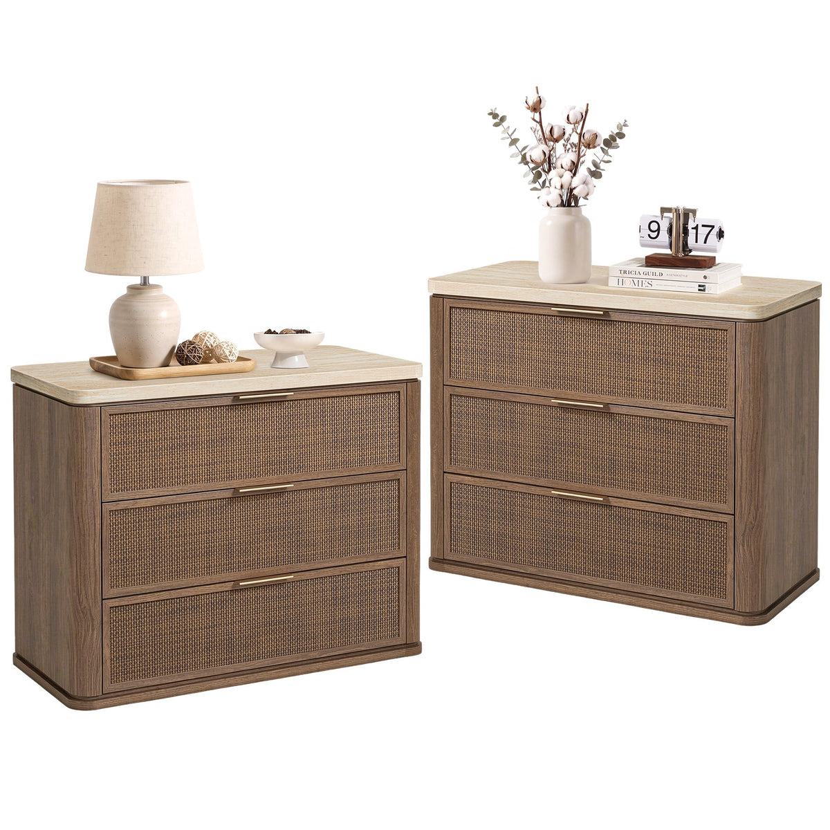 Night Stand Set 2, Rattan Nightstand with 2 Drawers