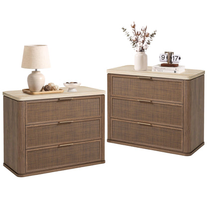 Night Stand Set 2, Rattan Nightstand with 2 Drawers