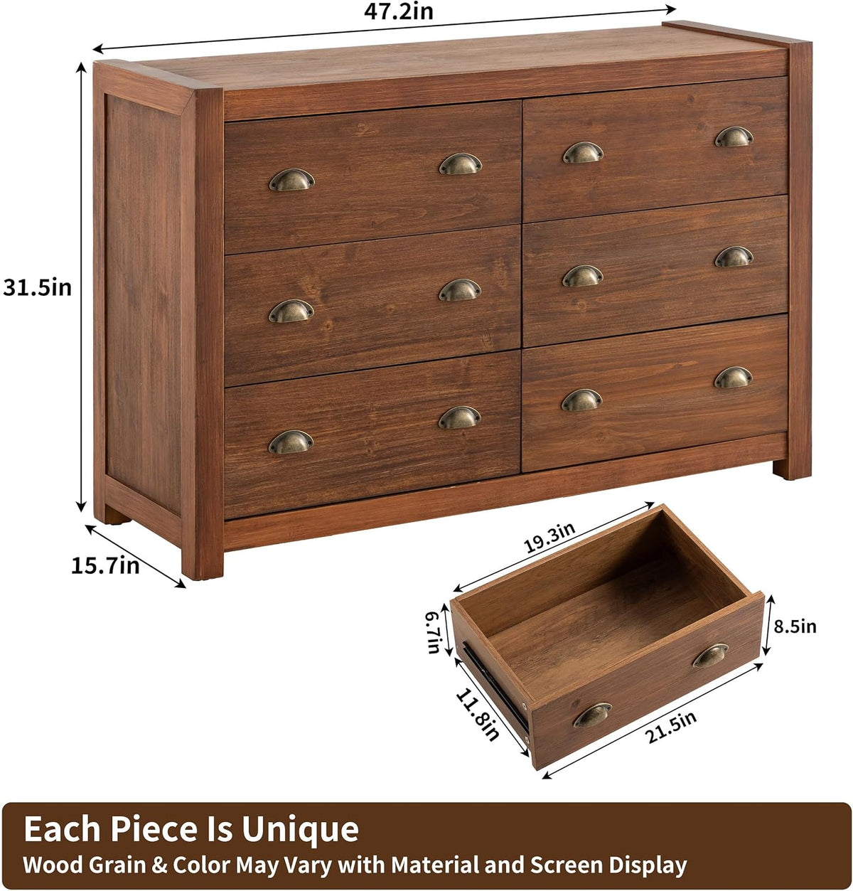 Vintage 6 Drawer Dresser, Solid Wood Frame Construction, Wood Veneer Finish with Rustic Grain Texture, Chest of Drawers Storage Cabinet for Bedroom and Living Room, Dark Walnut