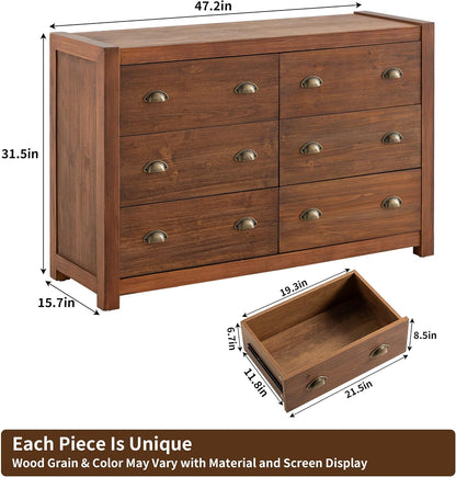 Vintage 6 Drawer Dresser, Solid Wood Frame Construction, Wood Veneer Finish with Rustic Grain Texture, Chest of Drawers Storage Cabinet for Bedroom and Living Room, Dark Walnut