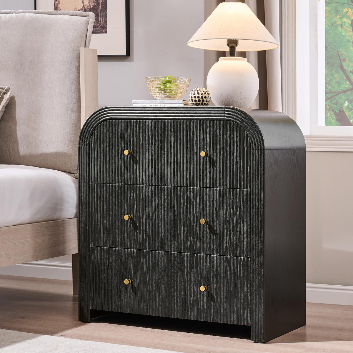 T4TREAM 24" Fluted Nightstand Set of 2 with Charging Station, Dark Walnut