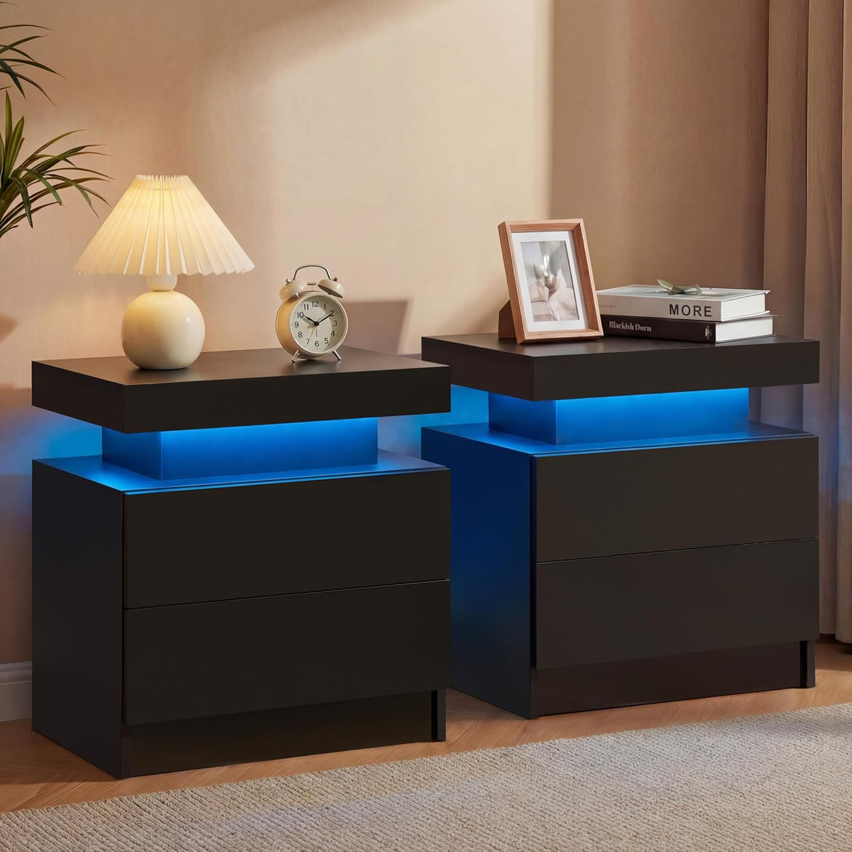 i-aplus Black Modern LED Nightstand Set of 2 with 2 Wood Drawer for Bedroom