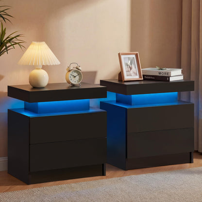 i-aplus Black Modern LED Nightstand Set of 2 with 2 Wood Drawer for Bedroom