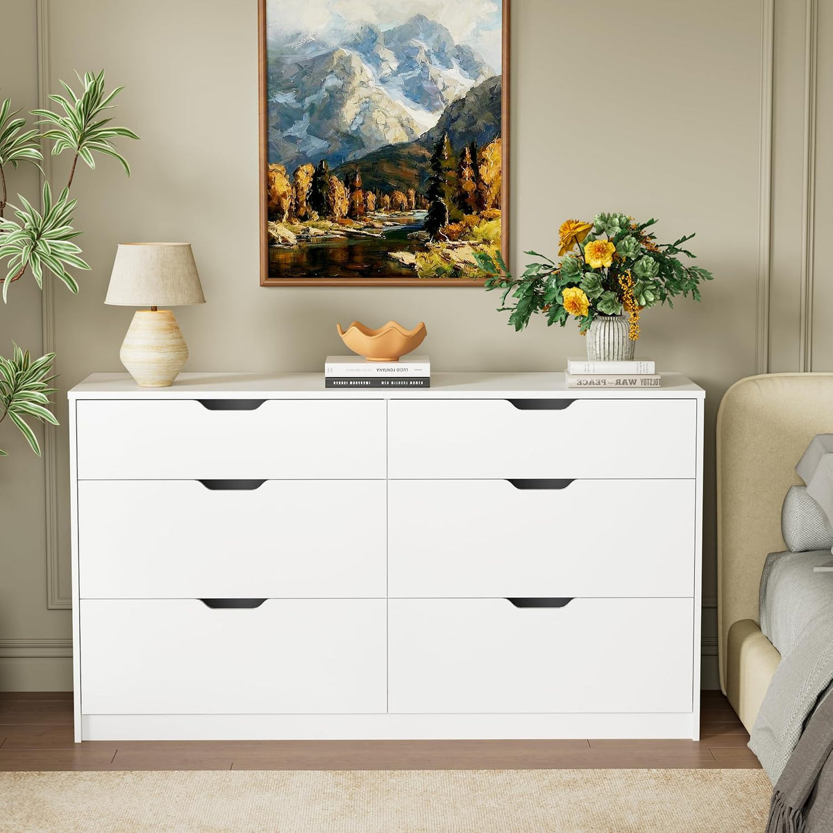 YESHOMY Dresser for Bedroom, 47.2" Modern Wood Chest with 6 Drawers, White