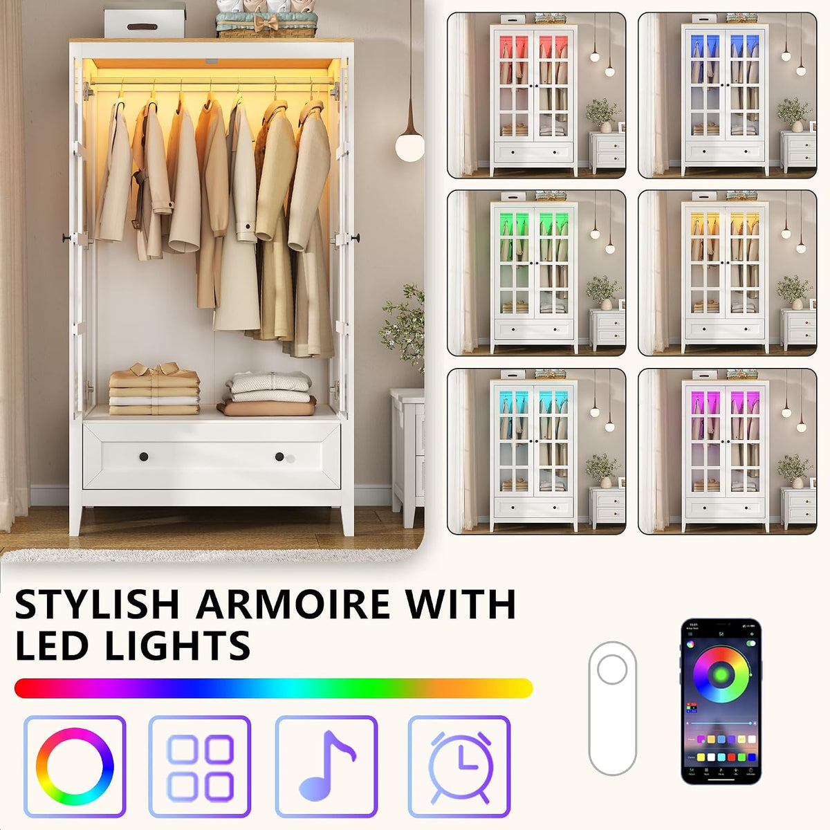 Gyfimoie Armoire Wardrobe Closet with LED Lights, 55'' Modern Clothing Storage Cabinet with Glass Doors and Drawer, Large Wardrobe Cabinet with Hanging Rod for Bedroom