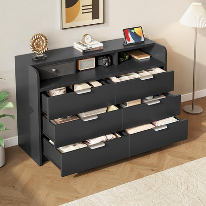 MapleGrace 53'' Wide 9 Drawer Dresser for Bedroom, Wood TV Stand Dresser with Power Outlets & LED Light, Chest of Drawers Closet Store Organizer for Living Room, Hallway, Black