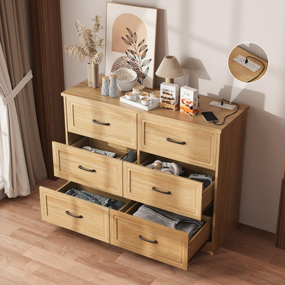 Fameill Dresser for Bedroom, 6 Drawer Wide Dresser Organizer with Charging Station, Tall Dresser for Hallway, Wood Dresser with Metal Handles, Ash Grey