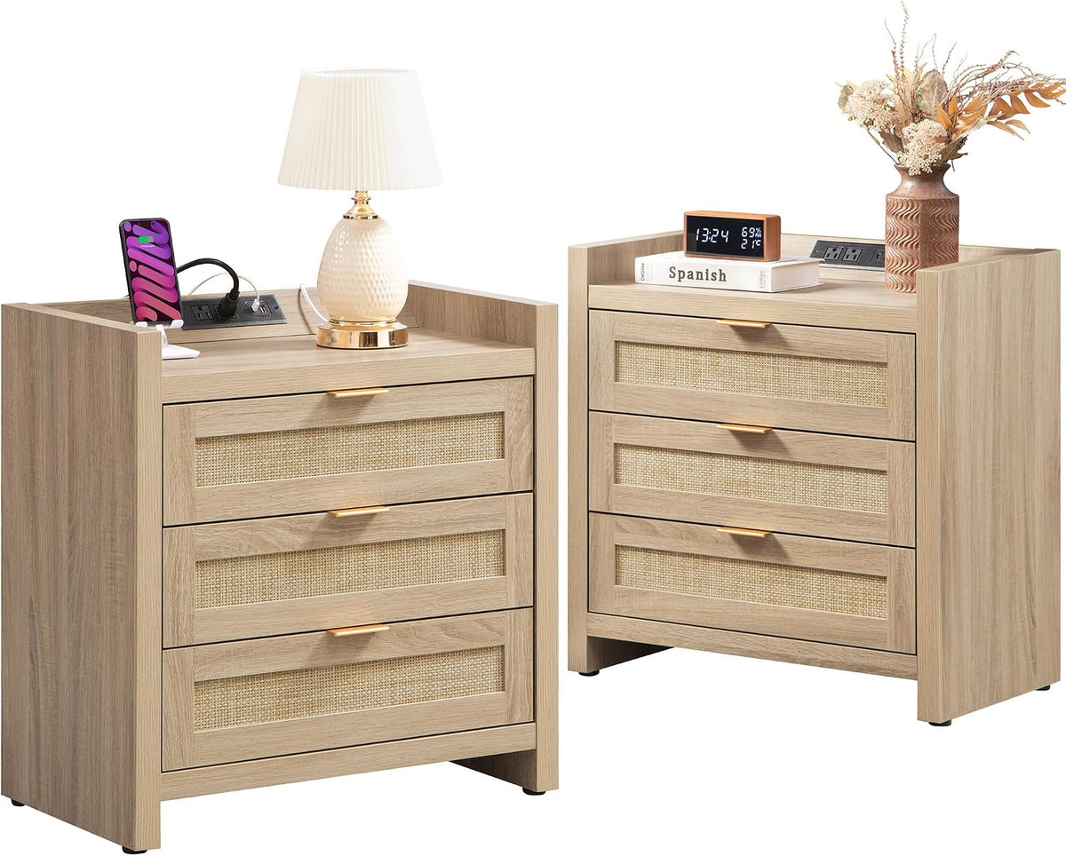 SICOTAS Rattan Nightstands Set of 2, Tall Bedside Table with 3 Drawers